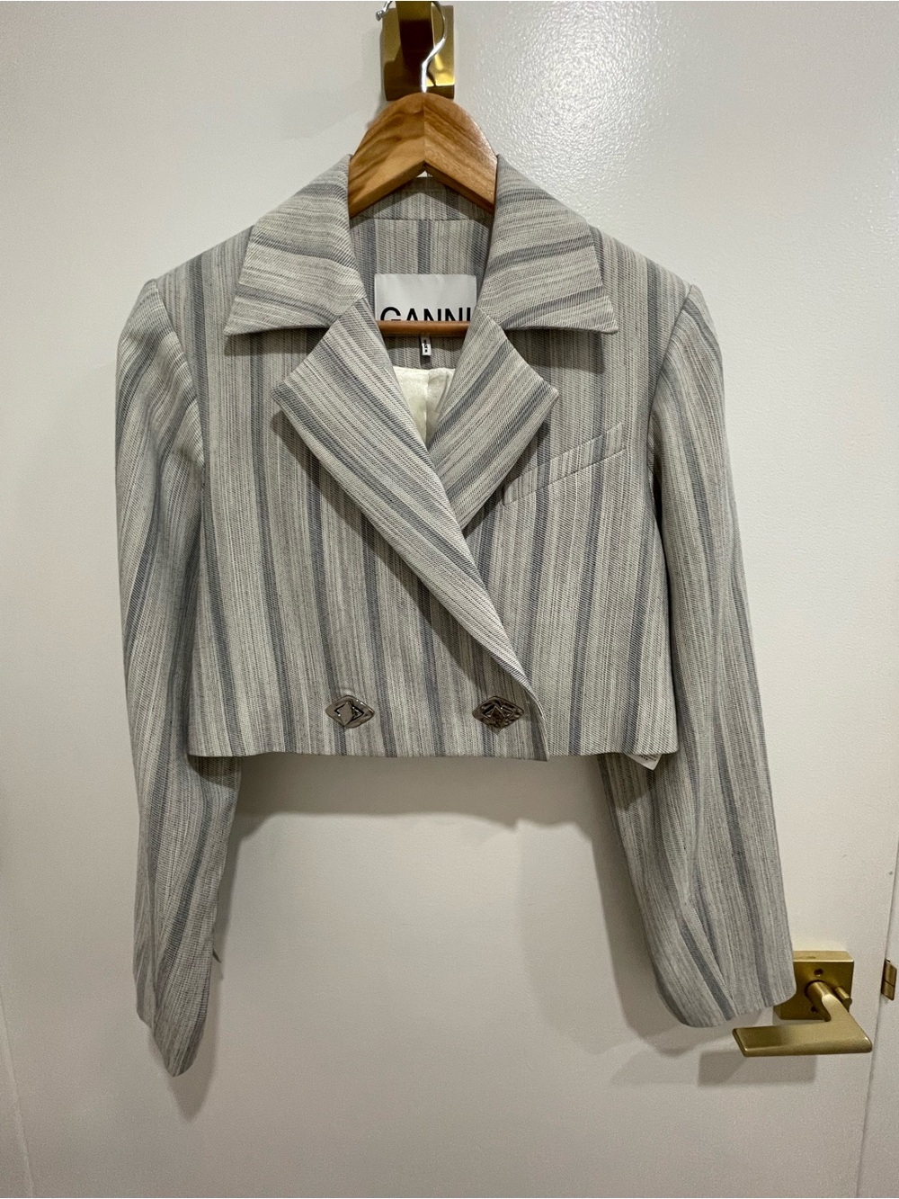 Ganni Cropped Striped Blazer - Light Gray & Cream